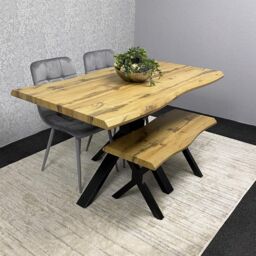 KOSY KOALA Wooden Dining Table X-Shaped Legs with 2 Grey Velvet Chairs & Bench - Dining Kitchen Room Furniture in Brown