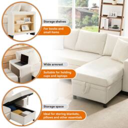 Matteo Beige Corduroy L-Shaped Corner Sofa Bed with USB & Storage Chaise - thumbnail 7