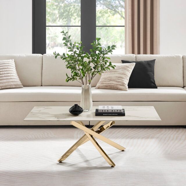 FurnitureboxUK Leonardo Rectangular Marble Effect Glass Top Coffee Table With Gold Metal Starburst Legs in White - image 1