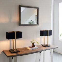 Loops Antique Brass Framed Table Lamp & Rectangular Cotton Shade - Matt Black Base - thumbnail 4