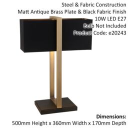 Loops Antique Brass Framed Table Lamp & Rectangular Cotton Shade - Matt Black Base - thumbnail 2
