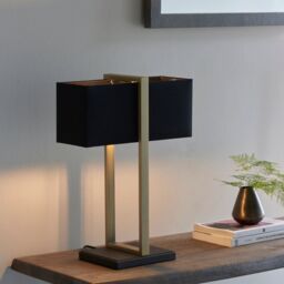 Loops Antique Brass Framed Table Lamp & Rectangular Cotton Shade - Matt Black Base - thumbnail 5