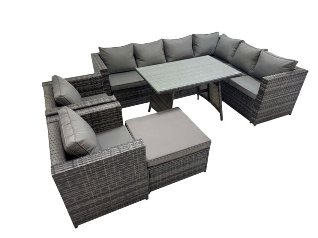 Fimous Patio Furniture Sets with Dining Table Big Stool 2 Chair in Dark Grey