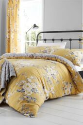 Catherine Lansfield 'Canterbury' Floral Duvet Set in Mustard - Size: Double - thumbnail 1