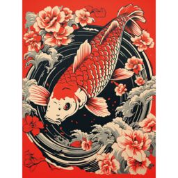 "Artery8 Wall Art Print Koi Fish Carp Japan Whirlpool Red Black Floral Artwork Coy Poster - Size: W12"" x H16""" - thumbnail 1