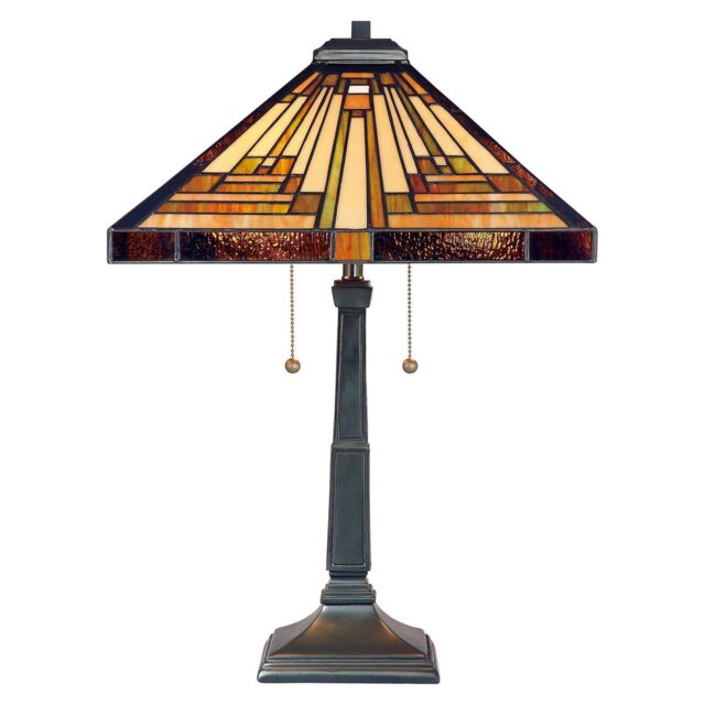 Loops Table Lamp 2 Bulb Hand Crafted Tiffany Style Coloured Glass Bronze LED E27 60W in Clear - image 1