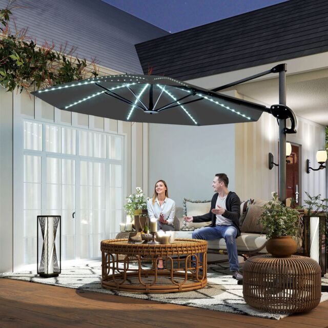OUTSUNNY 3(m) Garden Parasol w/ Lights, Crank Handle & Cross Base, Dark Grey in Light Grey - image 1