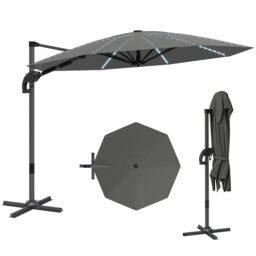 OUTSUNNY 3(m) Garden Parasol w/ Lights, Crank Handle & Cross Base, Dark Grey in Light Grey - thumbnail 2
