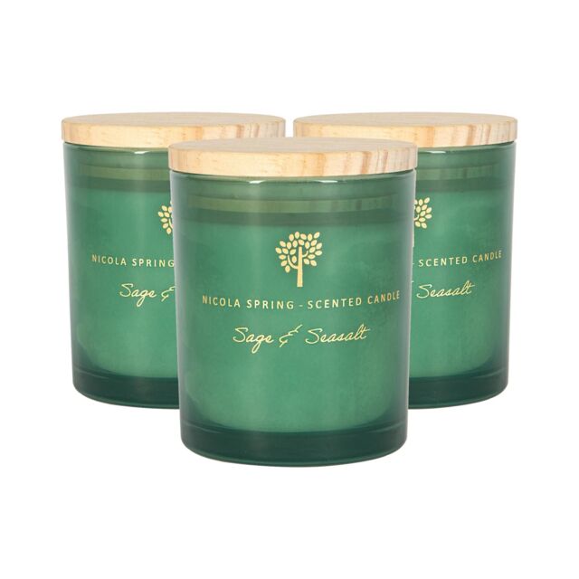 Nicola Spring 130g Sage & Seasalt Soy Candles - Pack of 3 - Herbal Spa Glass Jars in Green