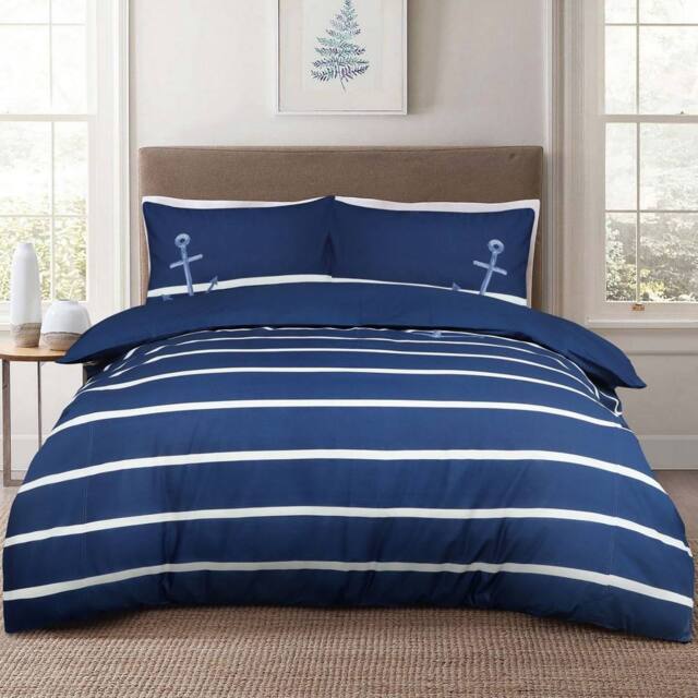 Smart Living Luxury Sailor Striped Duvet Cover With Pillowcases in Navy - Size: Single - image 1