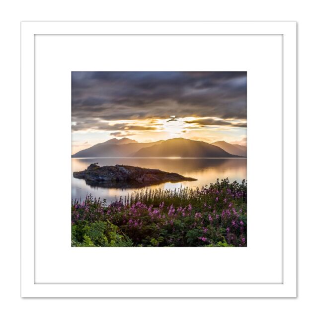 Artery8 Trienke Sunset Loch Linnhe Highland Scotland Photo 8X8 Inch Square Wooden Framed Wall Art Print Picture with Mount in White - image 1