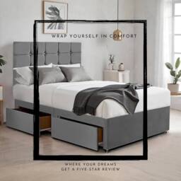 "Bed Time UK Plush Divan Bed with 2 Drawers, 20"" Cubic Headboard & Mattress in Grey - Size: Single" - thumbnail 3