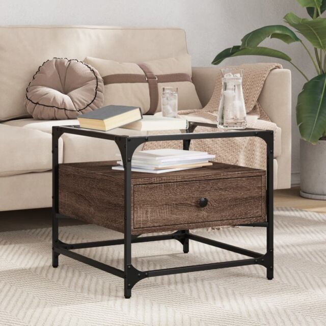 Berkfield Home Coffee Table with Glass Top Brown Oak 50x50x45 cm Steel - Size: 50 x 50 x 45 cm - image 1
