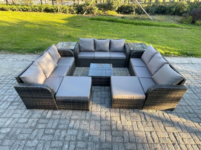 Fimous Rattan Outdoor Furniture Set Patio Garden Sofa Set with Square Coffee Table 2 Big Footstool 2 Side Tables Dark Grey Mixed - image 1