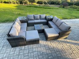 Fimous Rattan Outdoor Furniture Set Patio Garden Sofa Set with Square Coffee Table 2 Big Footstool 2 Side Tables Dark Grey Mixed - thumbnail 2