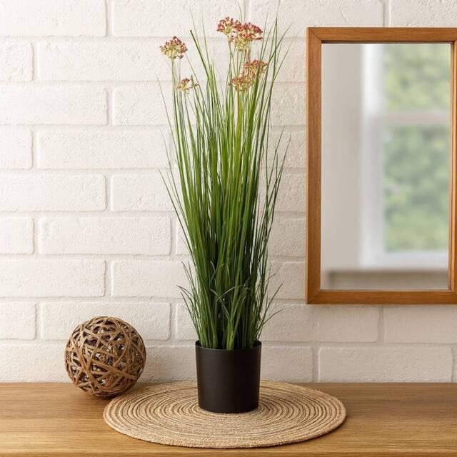 Voltico Artificial Onion Grass in Black Pot - Modern Green Décor in Dark Green - image 1