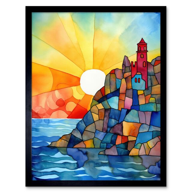 "Artery8 Wall Art Print Sunset Coastal Cliffs Lighthouse Folk Art Framed in Black - Size: W12"" x H16""" - image 1