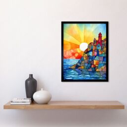 "Artery8 Wall Art Print Sunset Coastal Cliffs Lighthouse Folk Art Framed in Black - Size: W12"" x H16""" - thumbnail 2