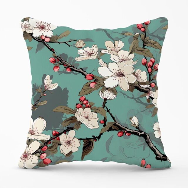 Warren Reed - Designer Pink Blossom Asian Design Outdoor Cushion in Green - Size: 60 cm x 60 cm - image 1