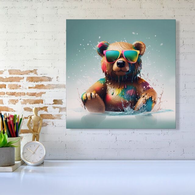 "Warren Reed - Designer Splashart Bear In Glasses Canvas - Size: W16"" x H16""" - image 1