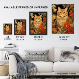Artery8 Wall Art Print Ginger Tabby Cat Floral Painting Orange Red Spring Flower Blooms Detailed Retro Style Low-Key Animal Portrait Art Framed - thumbnail 3