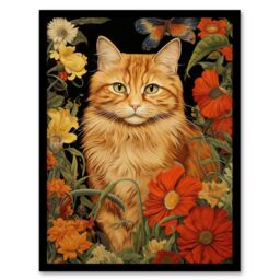 Artery8 Wall Art Print Ginger Tabby Cat Floral Painting Orange Red Spring Flower Blooms Detailed Retro Style Low-Key Animal Portrait Art Framed - thumbnail 1