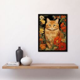 Artery8 Wall Art Print Ginger Tabby Cat Floral Painting Orange Red Spring Flower Blooms Detailed Retro Style Low-Key Animal Portrait Art Framed - thumbnail 4