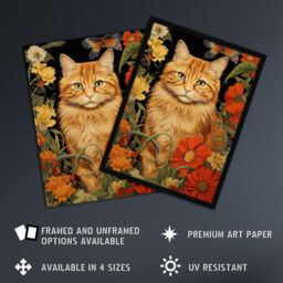 Artery8 Wall Art Print Ginger Tabby Cat Floral Painting Orange Red Spring Flower Blooms Detailed Retro Style Low-Key Animal Portrait Art Framed - thumbnail 2