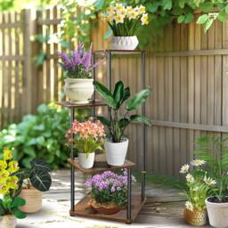 KORVIXA 4 Tier Metal Plant Stand Flower Pot Display Rack in Brown - thumbnail 4