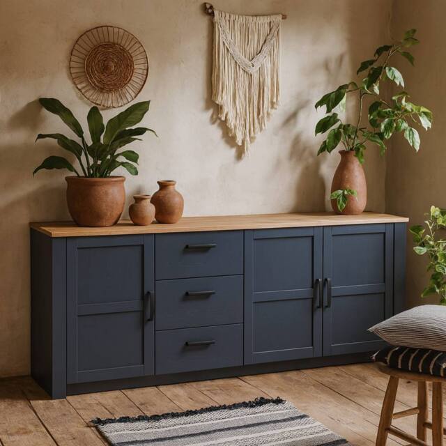 Wyld Haus Bramblecroft Large Navy & Natural Oak Sideboard 3 Door 3 Drawer - image 1