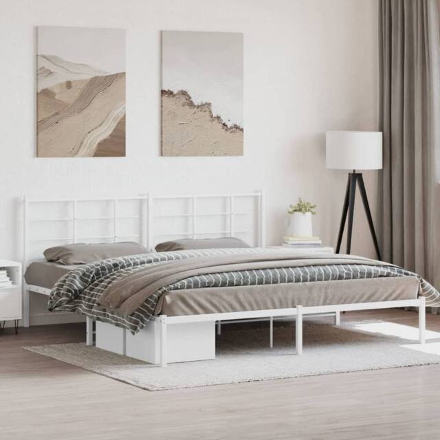 Berkfield Home Metal Bed Frame without Mattress with Headboard White 200x200cm - Size: 200x200 cm - image 1