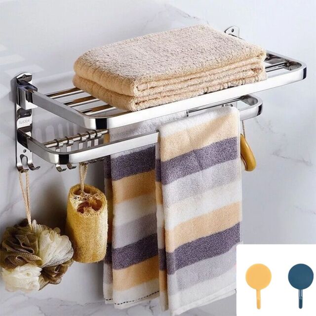 Hinsinc Double Tier Towel Rail Wall Mounted Bathroom Shelf with Hook Folding in Silver - image 1