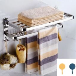 Hinsinc Double Tier Towel Rail Wall Mounted Bathroom Shelf with Hook Folding in Silver