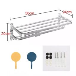 Hinsinc Double Tier Towel Rail Wall Mounted Bathroom Shelf with Hook Folding in Silver - thumbnail 2