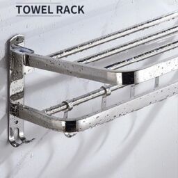 Hinsinc Double Tier Towel Rail Wall Mounted Bathroom Shelf with Hook Folding in Silver - thumbnail 4