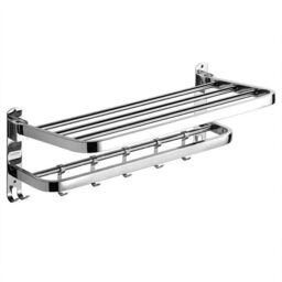 Hinsinc Double Tier Towel Rail Wall Mounted Bathroom Shelf with Hook Folding in Silver - thumbnail 3