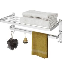 Hinsinc Double Tier Towel Rail Wall Mounted Bathroom Shelf with Hook Folding in Silver - thumbnail 6
