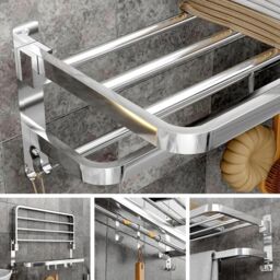 Hinsinc Double Tier Towel Rail Wall Mounted Bathroom Shelf with Hook Folding in Silver - thumbnail 5