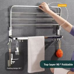 Hinsinc Double Tier Towel Rail Wall Mounted Bathroom Shelf with Hook Folding in Silver - thumbnail 8