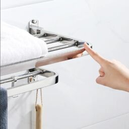 Hinsinc Double Tier Towel Rail Wall Mounted Bathroom Shelf with Hook Folding in Silver - thumbnail 7