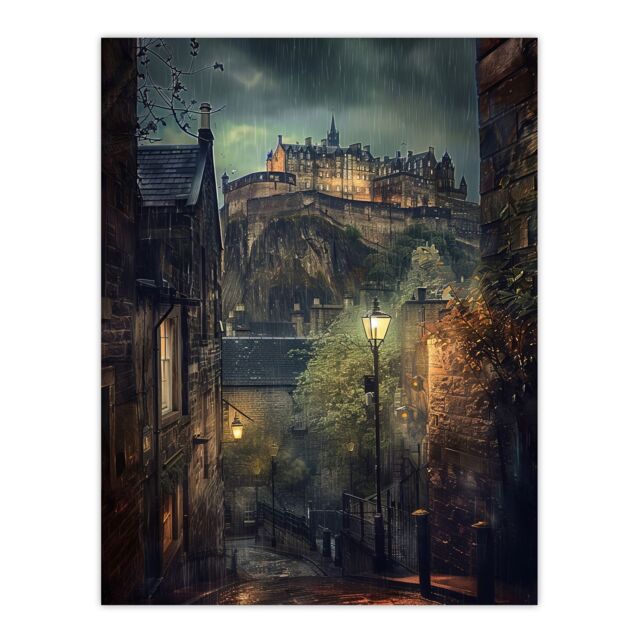 "Artery8 Edinburgh Castle Atmospheric Scotland Night Rain Wall Art Print in Brown - Size: W24"" x H32""" - image 1