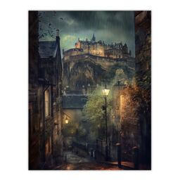 "Artery8 Edinburgh Castle Atmospheric Scotland Night Rain Wall Art Print in Brown - Size: W24"" x H32""" - thumbnail 1