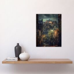 "Artery8 Edinburgh Castle Atmospheric Scotland Night Rain Wall Art Print in Brown - Size: W24"" x H32""" - thumbnail 4