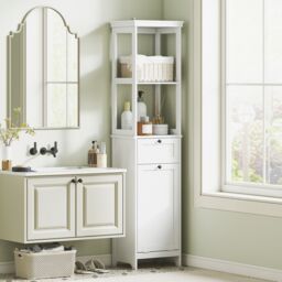 HOMCOM Slim Bathroom Storage Unit with Tilt-Out Laundry Cabinet Drawer White - thumbnail 1