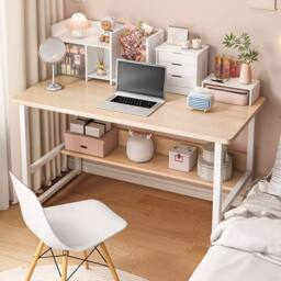 Hinsinc Computer Desk Home Office Study Writing Table Workstation Shelf in Beige - thumbnail 3