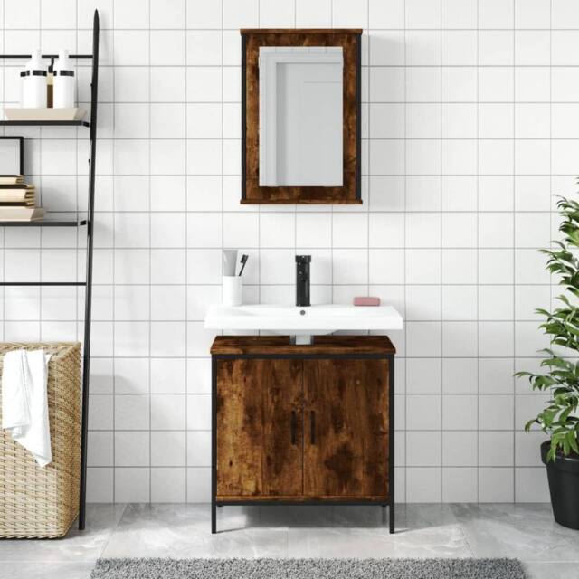 Berkfield Home Durable 2 Piece Bathroom Furniture Set Smoked Oak Engineered Wood in Brown - image 1