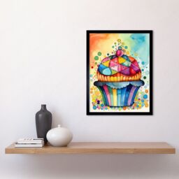 "Artery8 Wall Art Print Cupcake With Colourful Frosting Watercolour Folk Art Painting Art Framed in Black - Size: W12"" x H16""" - thumbnail 2