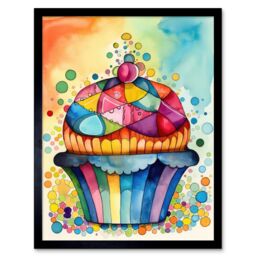 "Artery8 Wall Art Print Cupcake With Colourful Frosting Watercolour Folk Art Painting Art Framed in Black - Size: W12"" x H16""" - thumbnail 1