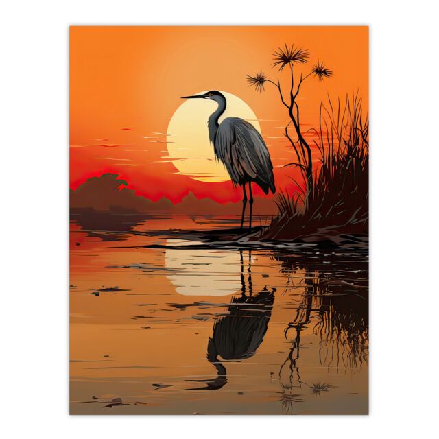 "Artery8 Wall Art Print Heron in Coastal Landscape Lake Sunset Red Orange Artwork Poster - Size: W18"" x H24""" - image 1