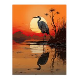 "Artery8 Wall Art Print Heron in Coastal Landscape Lake Sunset Red Orange Artwork Poster - Size: W18"" x H24""" - thumbnail 1